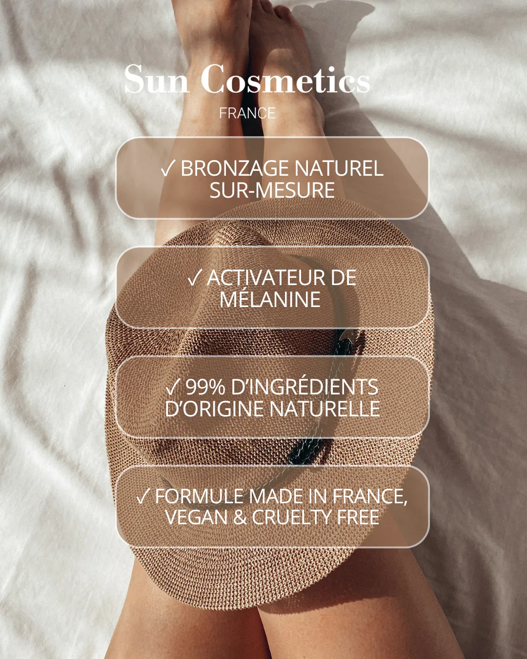 Visuel texte “Sun Cosmetics” et promesses